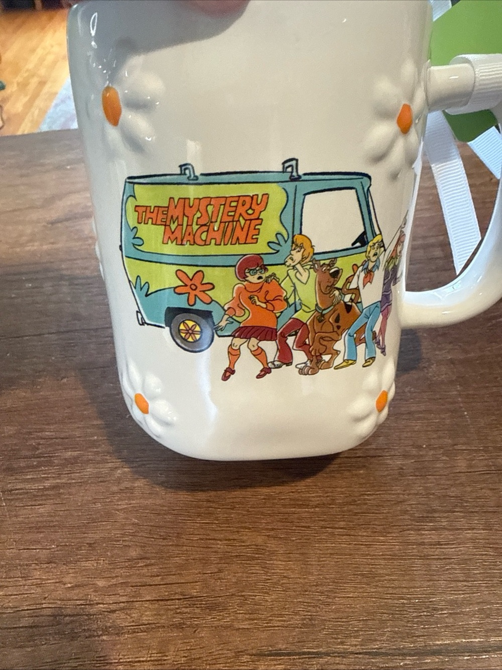 Rae Dunn White Ceramic Mug with Orange Accents and Mystery Machine Art
